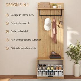 HOMCOM Cuier de Hol cu Pantofar Rabatabil, Cuier cu Bancă, 4 Cârlige și Rafturi pentru Pantofi, Organizator Modern pentru Hol și Coridor, Stejar și Alb | Aosom Romania