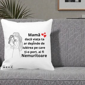 Cadou pentru Mama - Perna Personalizata Mama Nemuritoare cu Copilul in Poala, 40x40 cm, Alba Mata, Husa Detasabila, Perna Inclusa, BEKZ®