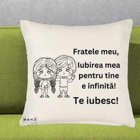 Cadou pentru Frate - Perna Personalizata Fratele Meu Te Iubesc Copii Anime Line Art Negru, 40x40 cm, Crem Reliefat, Husa Detasabila, Perna Inclusa, BEKZ®
