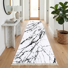 Traversa hol antiderapanta, 80x300 cm, alb cu negru, model marmura