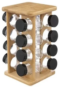 Suport condimente Brenda Black, cadru bambus, 16 recipiente, 17x17x28 cm