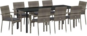 vidaXL Set de masă pentru grădină cu pernă 9 pcs Gri poliratan