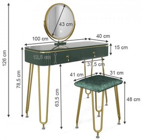 SEV203 - Set Masa toaleta, 100 cm, cosmetica machiaj, oglinda cu LED, scaunel taburet tapitat - Verde Inchis Lucios-Auriu