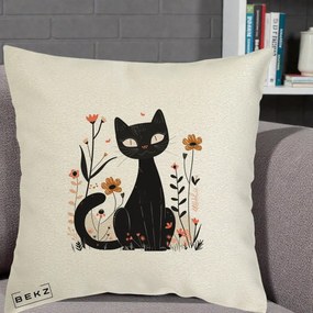 Perna Decorativa Pisica Neagra Flori Pastel Folk, 40x40 cm, Ecru, Husa Detasabila, Perna Inclusa, BEKZ®