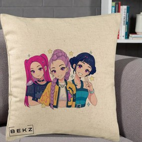 Perna Personalizata K-pop HUNTRX Trio Anime Stele, 40x40 cm, Bej, Husa Detasabila, Perna Inclusa, BEKZ®
