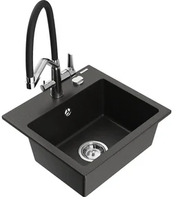 Mexen Milo chiuvetă de granit cu 1 compartiment și baterie de bucătărie Duo, Neagră/Auriu metalic - 6505-75-671701-07