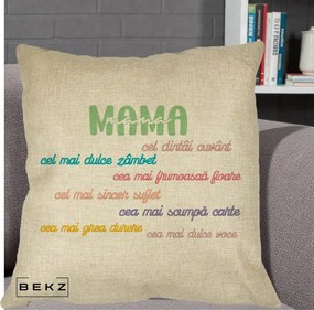 Cadou pentru Mama - Perna Personalizata Mama Cel Dintai Cuvant cu Text Colorat Multicolor, 40x40 cm, Crem, Husa Detasabila, Perna Inclusa, BEKZ®