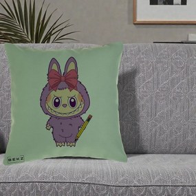Perna Personalizata Labubu Mov cu Funda Rosie si Creion, 40x40 cm, Verde, Husa Detasabila, Perna Inclusa, BEKZ®