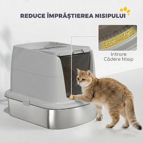 PawHut Litieră Închisă pentru Pisici din Oțel Inoxidabil, cu Capac Rabatabil, Acces Dublu și Paletă, Gri Deschis | Aosom Romania