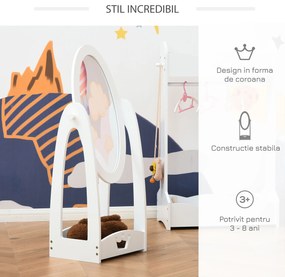 Oglinda pentru Dormitorul copiilor Pivotanta , Oglinda de Podea pentru Copii din Lemn Alb cu Raft de Depozitare 40x30x104cm | Aosom RO
