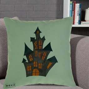 Perna Decorativa Halloween Casa Bantuita Minimalista, 40x40 cm, Verde, Husa Detasabila, Perna Inclusa, BEKZ®