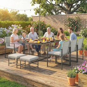 Outsunny Set de dining pentru patio 11 piese, mobilier exterior cu 6 fotolii, 4 pouf, gri | Aosom Romania