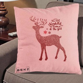 Perna Decorativa Ren de Craciun Glitter Rosu, 40x40 cm, Roz, Husa Detasabila, Perna Inclusa, BEKZ®