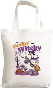 Sacosa de Panza pentru Cumparaturi, Geanta Tote, model Feelin Witchy 38 x 34.5 cm, Alba, BEKZ®