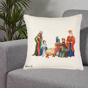 Perna Decorativa Nasterea Domnului Cei Trei Magi Acuarela, 40x40 cm, Crem Reliefat, Husa Detasabila, Perna Inclusa, BEKZ®