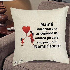 Cadou pentru Mama - Perna Personalizata Mama Nemuritoare cu Bebelus Kawaii, 40x40 cm, Ecru, Husa Detasabila, Perna Inclusa, BEKZ®