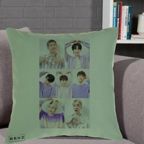 Perna Personalizata K-pop BTS Colaj 7 Portrete cu Inimi Lila, 40x40 cm, Verde, Husa Detasabila, Perna Inclusa, BEKZ®