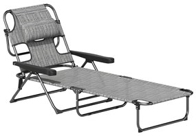 Outsunny Șezlong de grădină pliabil cu spătar reglabil în 4 poziții, orificiu pentru citit și pernă suport cap 72L x 194l x 31H cm Gri | Aosom Romania