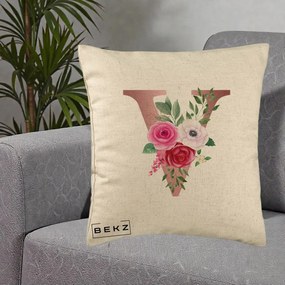 Cadou Personalizat - Perna Personalizata Monograma Rose Gold Litera V, 40x40 cm, Bej, Husa Detasabila, Perna Inclusa, BEKZ®