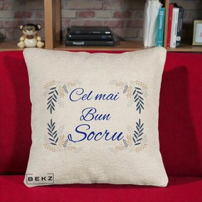 Cadou pentru Socru - Perna Personalizata Cel mai Bun Socru cu Ramuri Frunze Albastre si Aurii, 40x40 cm, Bej Canapea, Husa Detasabila, Perna Inclusa, BEKZ®