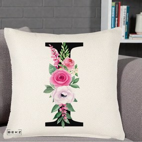 Cadou Personalizat - Perna Personalizata Monograma Florala Litera I, 40x40 cm, Crem Reliefat, Husa Detasabila, Perna Inclusa, BEKZ®