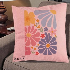 Perna Decorativa Flori Grafice Pastel Multicolor, 40x40 cm, Roz, Husa Detasabila, Perna Inclusa, BEKZ®