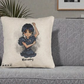 Perna Personalizata Wednesday Addams Dancing Queen, 40x40 cm, Bej Canapea, Husa Detasabila, Perna Inclusa, BEKZ®