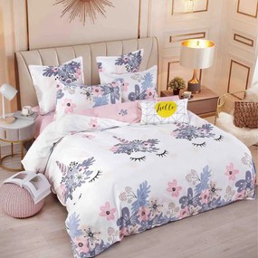 Lenjerie de pat cu elastic, tesatura tip finet, pat 2 persoane, alb / roz, 6 piese, FNJE-120