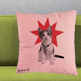 Perna Decorativa Pisica Star Pop Art, 40x40 cm, Roz, Husa Detasabila, Perna Inclusa, BEKZ®