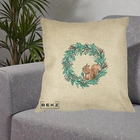 Perna Decorativa Coroana Turcoaz cu Veverita, 40x40 cm, Crem, Husa Detasabila, Perna Inclusa, BEKZ®