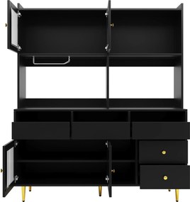 Dulap înalt pentru sufragerie, cu uși cu geam perforat, decor auriu și spațiu mare de depozitare pe mai multe niveluri, 145x39x171 cm, Negru