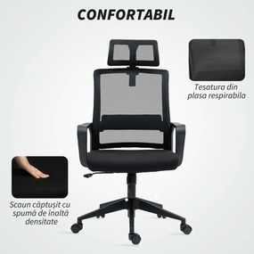 HOMCOM Scaun de Birou Ergonomic cu Tetieră, Înălțime Reglabilă și Funcție de Balansare, 60x64x102-112 cm, Negru | Aosom Romania