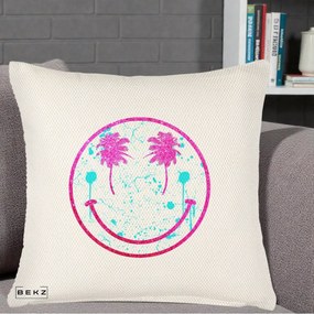 Perna Decorativa Smiley Face Tropical Glitter Roz, 40x40 cm, Crem Reliefat, Husa Detasabila, Perna Inclusa, BEKZ®