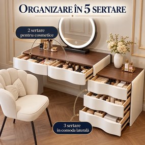 Set ELVORA – Masă de Toaletă pentru machiaj, Oglindă LED cu Control Touch, 3 culori de lumină și intensitate reglabilă, 5 sertare, Comodă laterală, Scaun tapițat, Alb/Maro