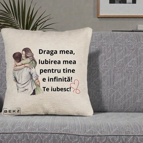 Cadou pentru Iubita - Perna Personalizata Draga Mea Iubirea Mea Infinita Te Iubesc cu Cuplu Acuarela, 40x40 cm, Bej Canapea, Husa Detasabila, Perna Inclusa, BEKZ®