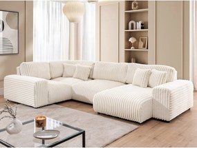 Colțar crem cu tapițerie din catifea reiată (cu colț pe partea stângă/în formă de "U") Justin – Ropez