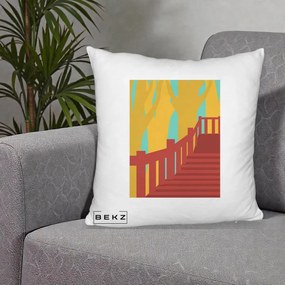 Perna Decorativa Scari Toamna Peisaj Grafic, 40x40 cm, Alb Pufos, Husa Detasabila, Perna Inclusa, BEKZ®