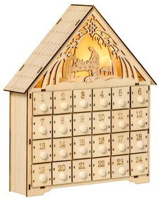 HOMCOM Calendar de Advent din Lemn 24 Sertare Decoratiune de Craciun cu Nasterea Domnului Sculptata si Luminite, 26.6x6x30cm