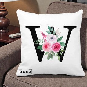 Cadou Personalizat - Perna Personalizata Monograma Florala Litera W cu Trandafiri si Anemona, 40x40 cm, Alba Mata, Husa Detasabila, Perna Inclusa, BEKZ®