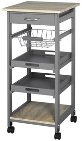 HOMCOM Servitoră de bucătărie pe roți cu panier + 2 tăvi detașabile, sertar, raft in lemn stejar deschis | Aosom Romania