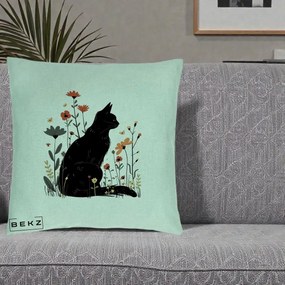 Perna Decorativa Pisica Neagra Profil Flori Portocalii, 40x40 cm, Verde Menta, Husa Detasabila, Perna Inclusa, BEKZ®