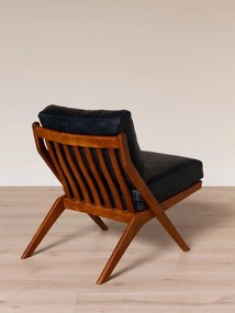 Fotoliu lounge din piele naturală neagră cu structură din lemn de acacia, „Marnet”