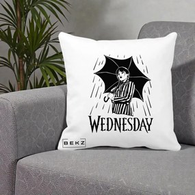 Perna Personalizata Wednesday cu Umbrela Ploaie Lineart, 40x40 cm, Alba Mata, Husa Detasabila, Perna Inclusa, BEKZ®