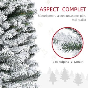 HOMCOM Brad de Crăciun Înzăpezit din PP Verde cu 492 Ramuri Ignifuge și Bază din Oțel Inoxidabil, Ø60x180 cm | Aosom Romania