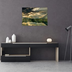 Tablou pe sticlă cu lac și soarele translucid (70x50 cm)