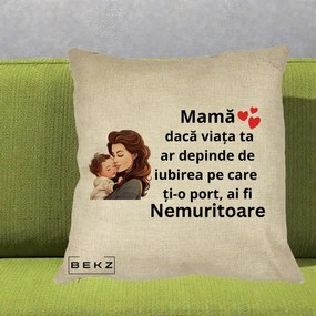Cadou pentru Mama - Perna Personalizata Mama Nemuritoare cu Bebelus Lineart, 40x40 cm, Crem, Husa Detasabila, Perna Inclusa, BEKZ®