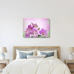 Tablou pe sticlă - Fluture pe flori de orhidee, liliac (70x50 cm)