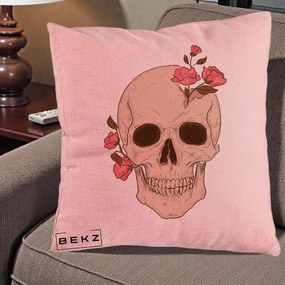 Perna Decorativa Craniu Floral Gothic, 40x40 cm, Roz, Husa Detasabila, Perna Inclusa, BEKZ®