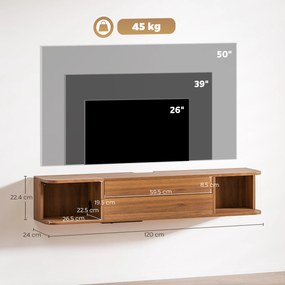 HOMCOM Suport TV suspendat până la 50" cu prize de curent, USB și tip C, sertar și rafturi, 120x24x22.4 cm, Nuc | Aosom Romania