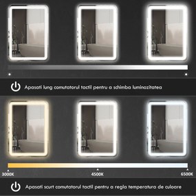 kleankin Oglindă LED, pentru Baie și Machiaj,lumina Reglabilă cu 3 Temperaturi de Culoare, Design anti-aburire, 70x50 cm, Argintiu | Aosom Romania